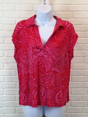 Rachel Zoe Paisley Print Linen Top Red Pink V-Neck Large